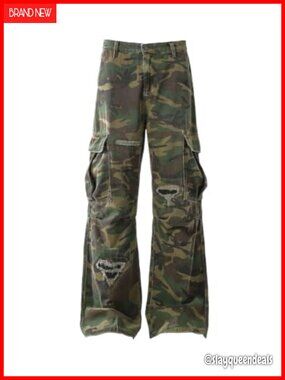 Unisex Ripped Camo Cargo Pants Baggy Wide Leg Distressed Y2K Streetwear